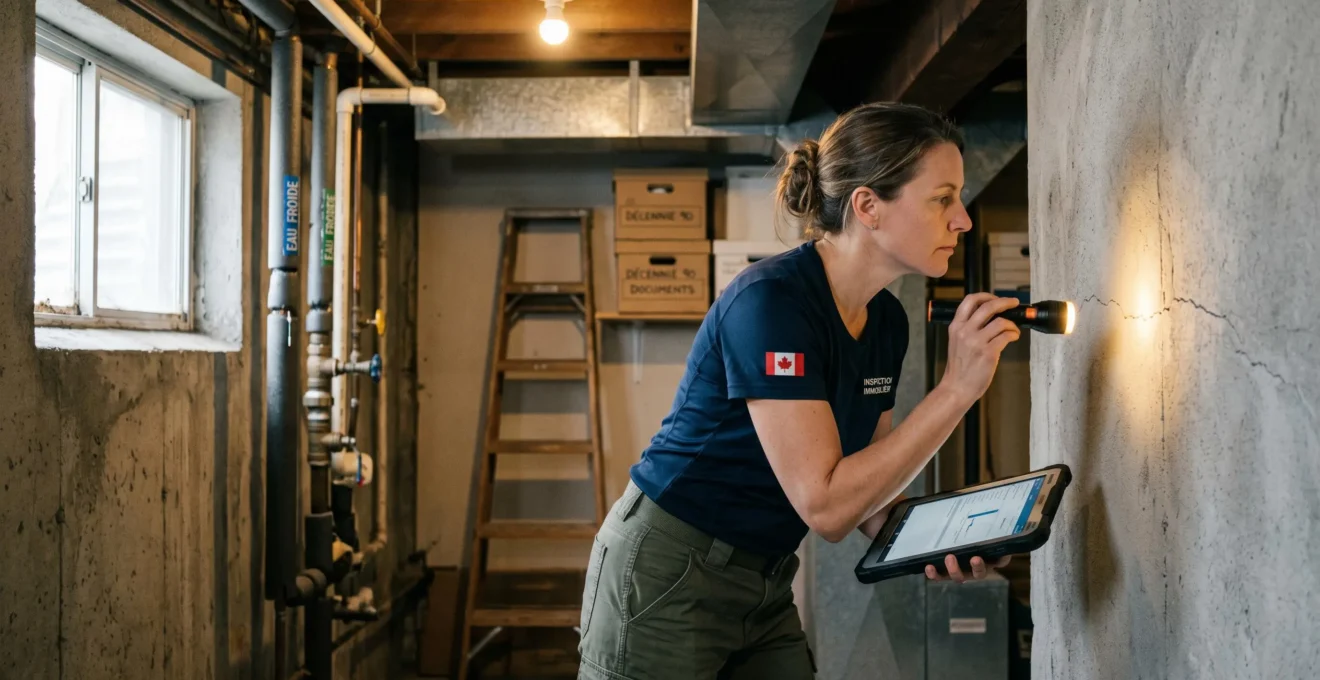 Un inspecteur en bâtiment certifié examine avec une lampe torche la fondation en béton d'un sous-sol de maison résidentielle à Laval, tablette numérique en main pour documenter l'inspection