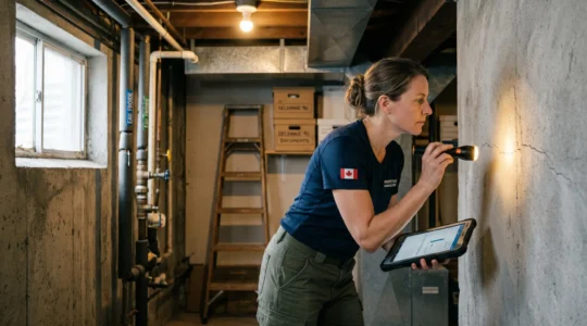 Un inspecteur en bâtiment certifié examine avec une lampe torche la fondation en béton d'un sous-sol de maison résidentielle à Laval, tablette numérique en main pour documenter l'inspection