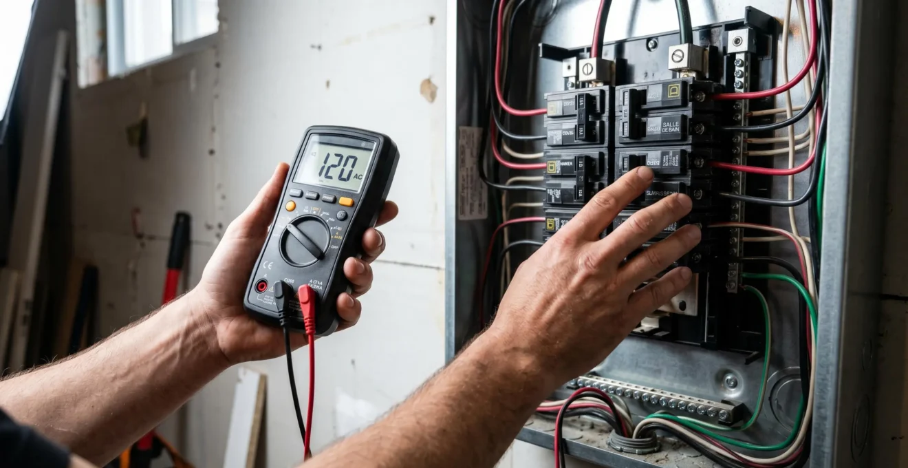 Gros plan sur les mains d'un inspecteur examinant un panneau électrique résidentiel ouvert avec un multimètre numérique, montrant les disjoncteurs et le câblage électrique coloré