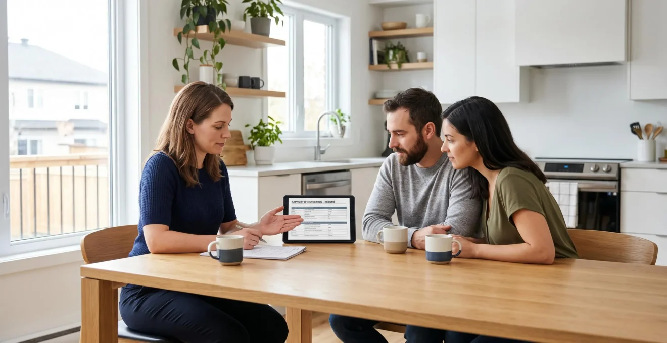 Une inspectrice en bâtiment assise à une table avec un couple d'acheteurs, consultant ensemble un rapport d'inspection sur tablette numérique dans une cuisine contemporaine lumineuse